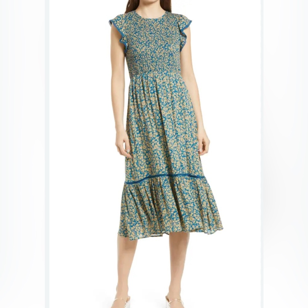 Lost + Wander Blue and Yellow Floral Midi Dress
